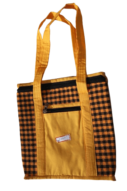 Yellow Checkered Fabric Tote Lunch Bag with Front Zip Pocket & Dual Carry Handles – Lightweight & Durable