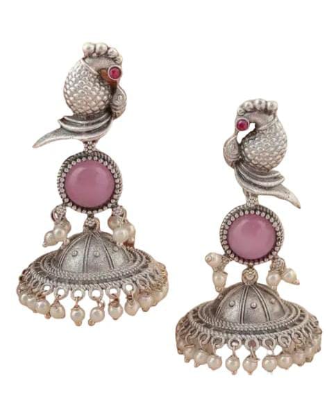 Ethnic Oxidized Silver Plated Pink Stone & Pearl Drop Jhumkas