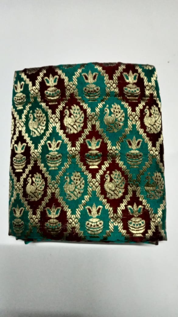 1 Meter Banarasi Jacquard Unstitched Blouse Piece – Peacock & Kalash Zari Design (Teal & Maroon)