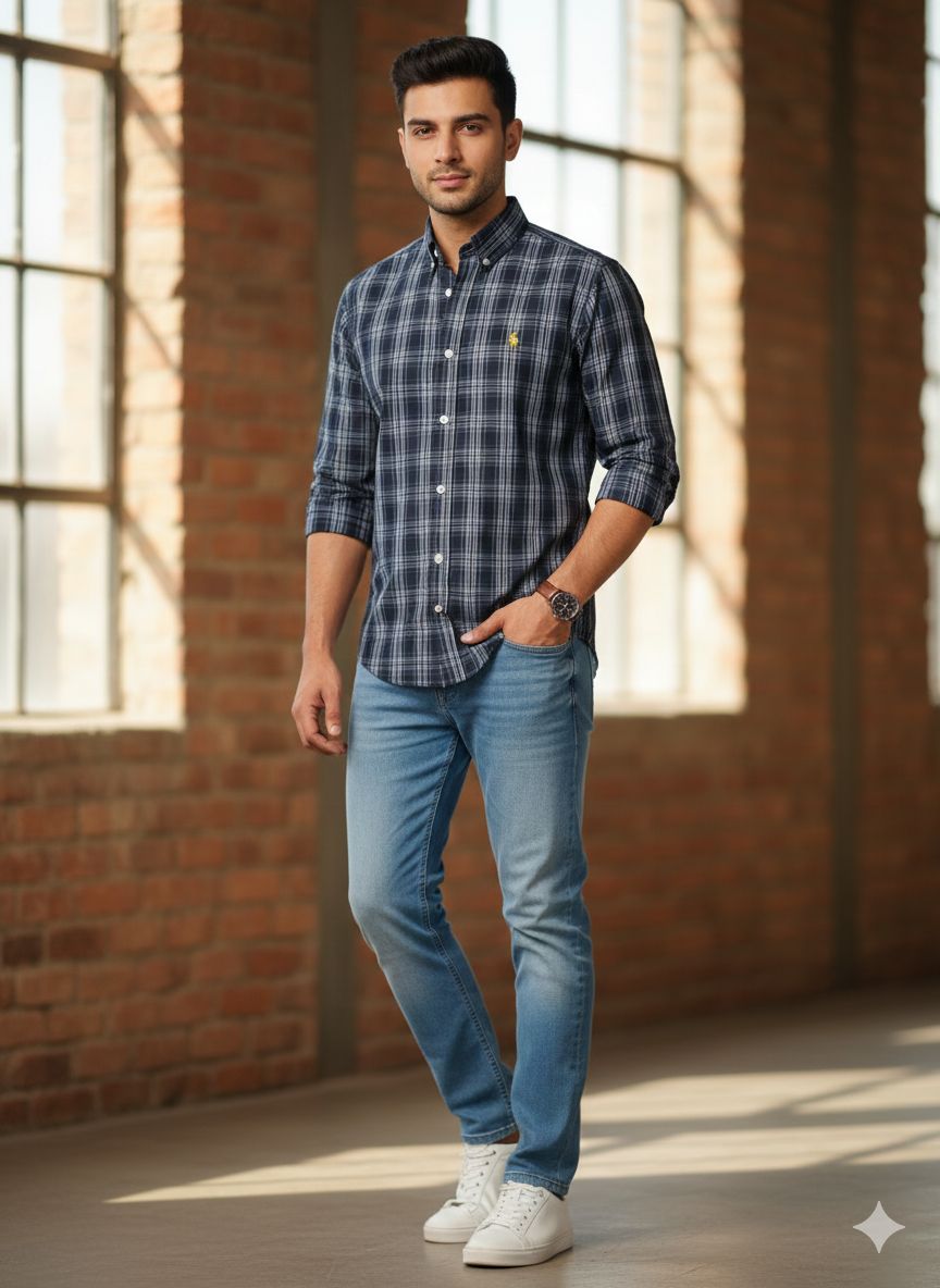 Men's Classic Navy Blue Plaid Cotton Long-Sleeve Button-Down Shirt