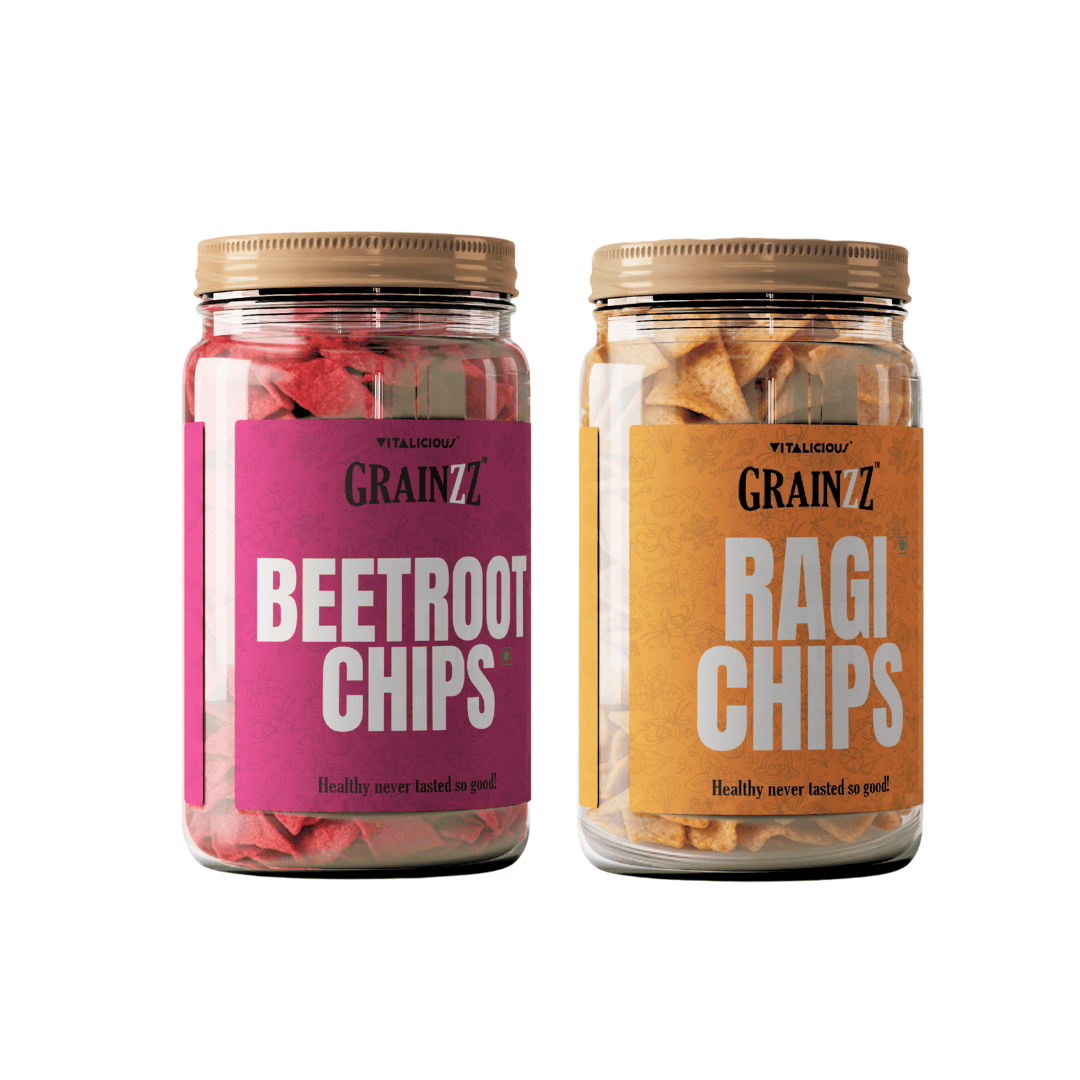 Grainzz Healthy Snack Combo – Ragi Chips Masala Masti + Beetroot Chips (2 Jars) | Roasted, High Fibre, No Palm Oil, No Trans Fat | 300g