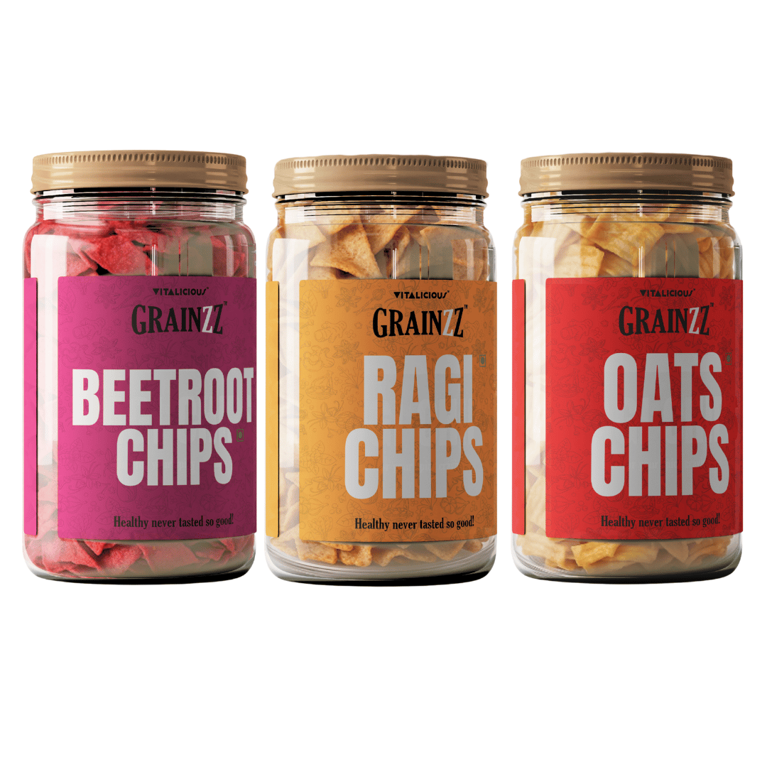 Grainzz Healthy Super Combo –Ragi Chips + Beetroot Chips + Oats Chips (3 Jars) | High Fibre | Zero Palm Oil | Smart Snacking for Family | 450g