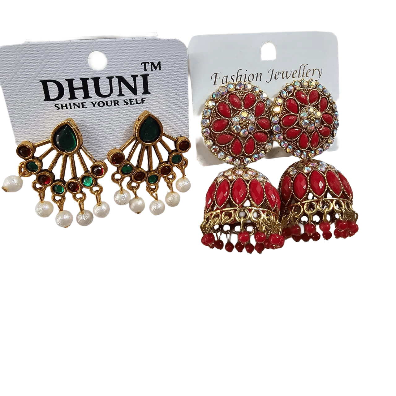 Red and White Kundan Jhumka Earrings & Green and White/Pink Kundan Chandbali Earrings
