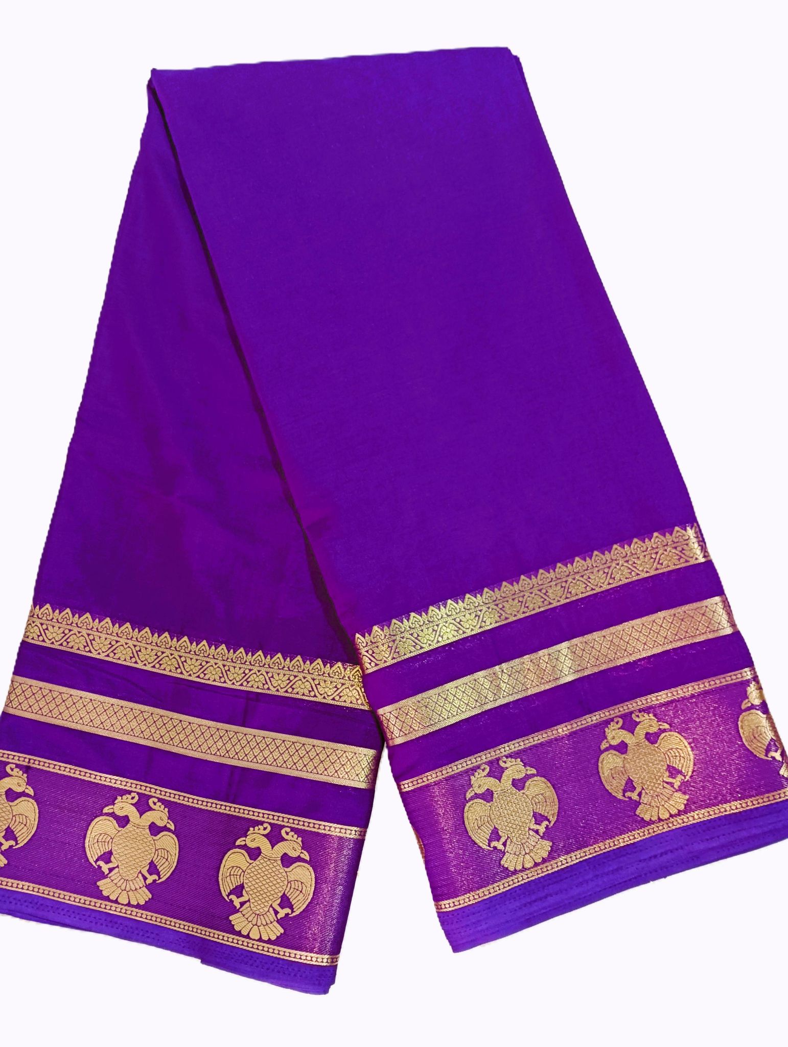 Elegant Purple Crape Silk Saree with Gold Gandaberunda Zari Border