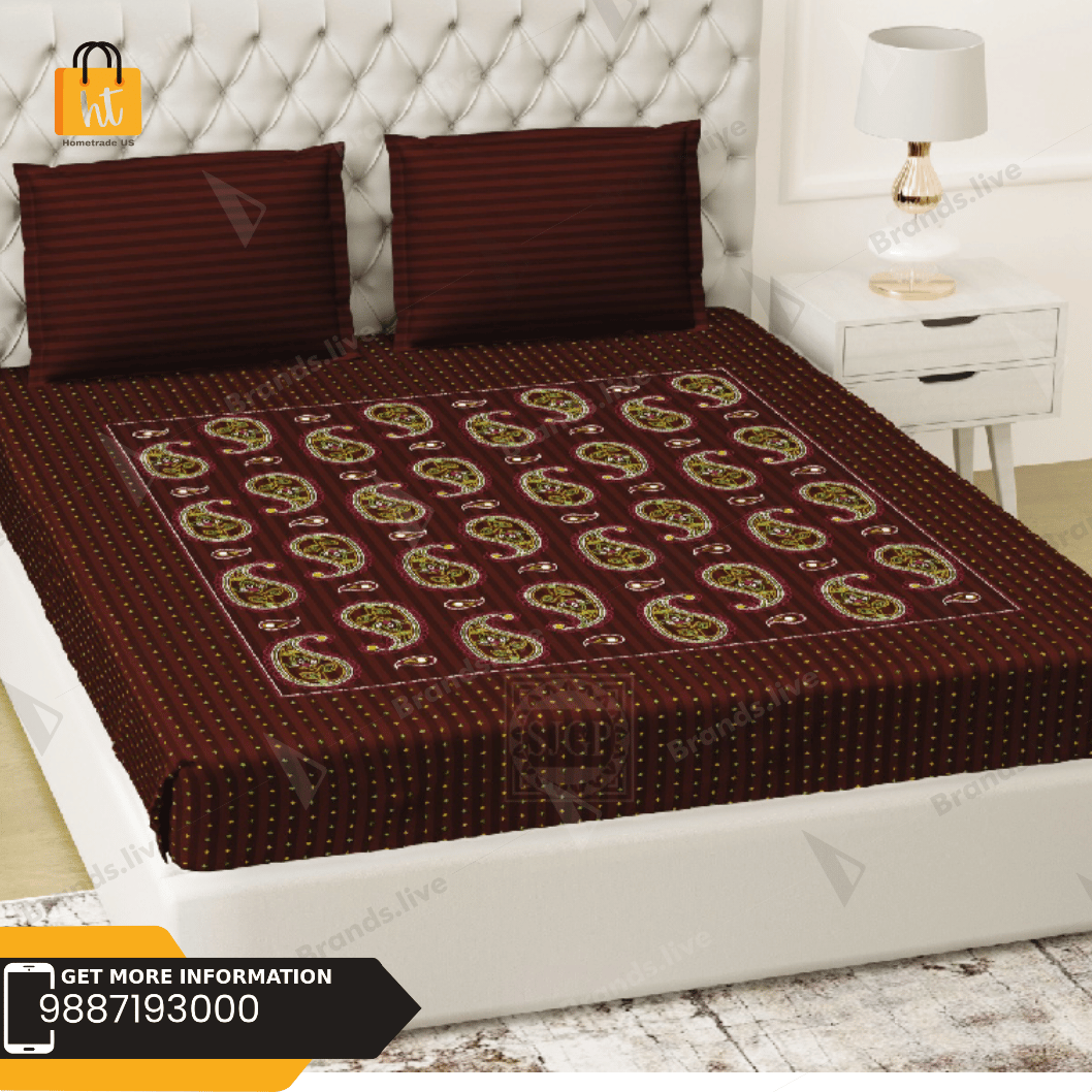 3001-Hometrade India-Standard King Size (90*108 Inches)-Pure Cotton Jaipuri Double Bedsheet With Matching Pillow Cover