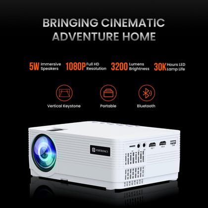  Portronics Beem 420 Led Projector with 3200 Lumens, 1080P Full Hd Native, Upto 250 Inches Display, iOS Screen Mirroring, 5 Watt Bluetooth Speaker(White) 