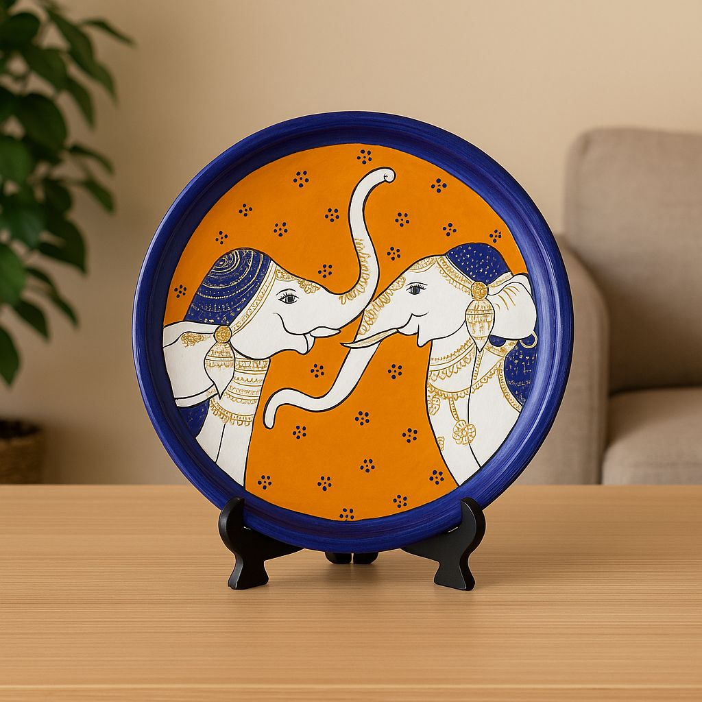 Hand-Painted Ceramic Decorative Lippan Plate with Elephant Design