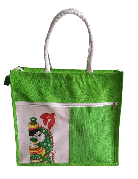 Hand-painted Jute Tote Bag with Zipper and Front Pocket
