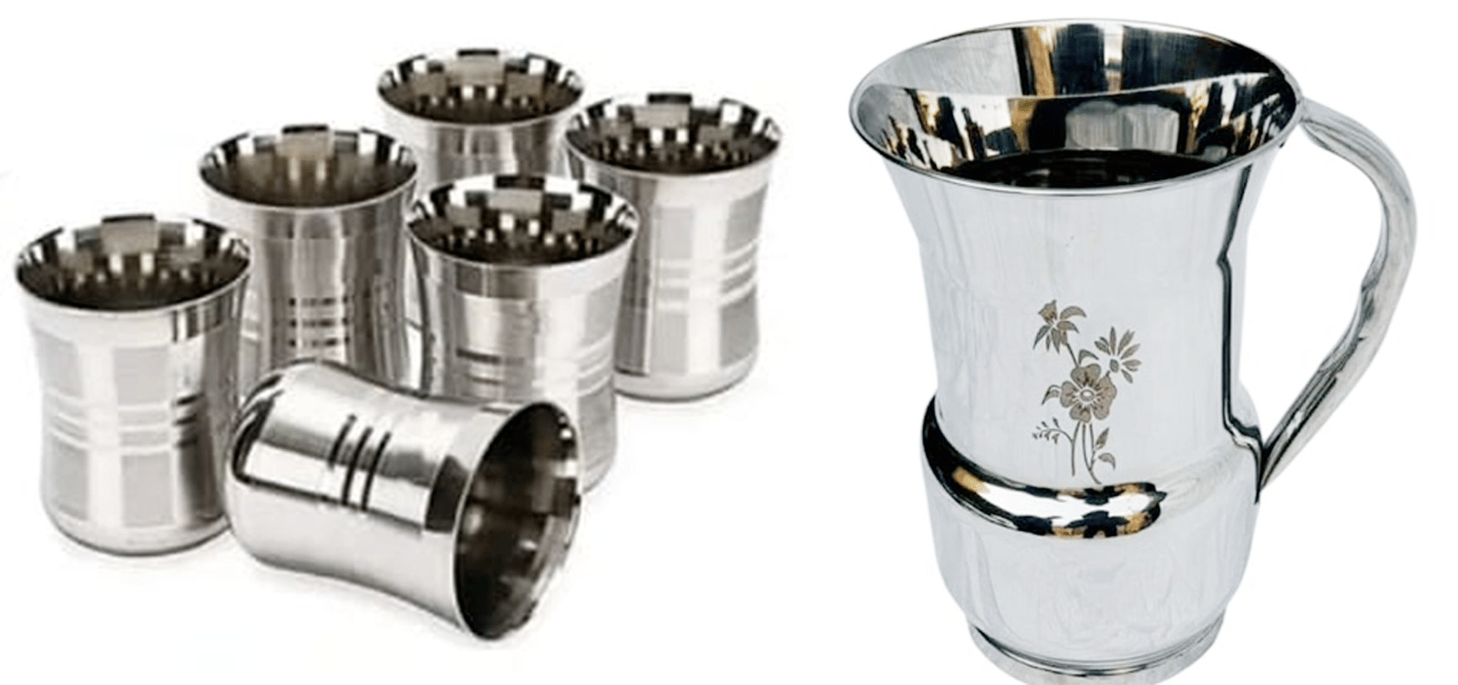 Mii Art Heavy Gauge Stainless Steel Water Jug 1.5 Litre 6 Glass Set | Shiny Finish Steel Water Jug & Glasses for Home, Hotel & Office Use (Jug Size: 20 cm)