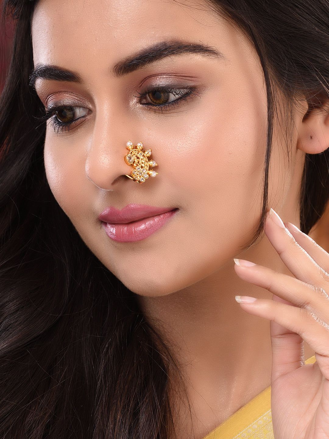 Gold Plated White Stone Studded & Beaded Motyanchi Nath Nosepin