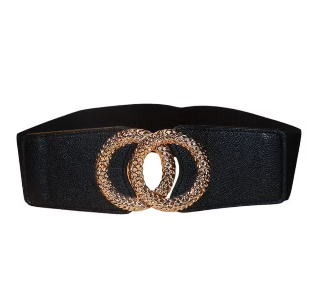 Black Elasticated Double Ring Buckle Waist Belt