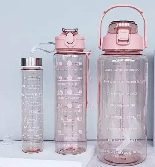 Motivational Water Bottle Set with Timestamps & Handle - 3 Pink Clear Bottles