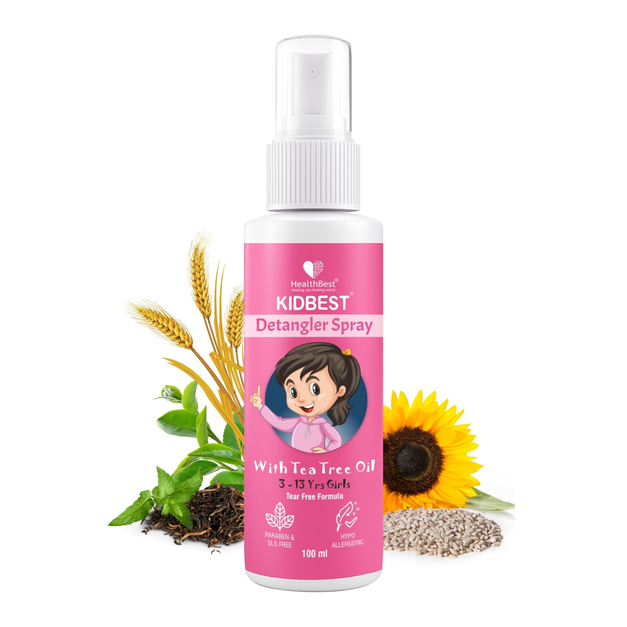 HealthBest Detangler Spray for Kids with Tea Tree Oil | Soft & Shiny Hair | Anti-Frizz, Easy Comb Through, Tangle-Free Hair, Suitable for Curly, Wavy and Straight Hair, Tear, Paraben, SLS Free – 100ml