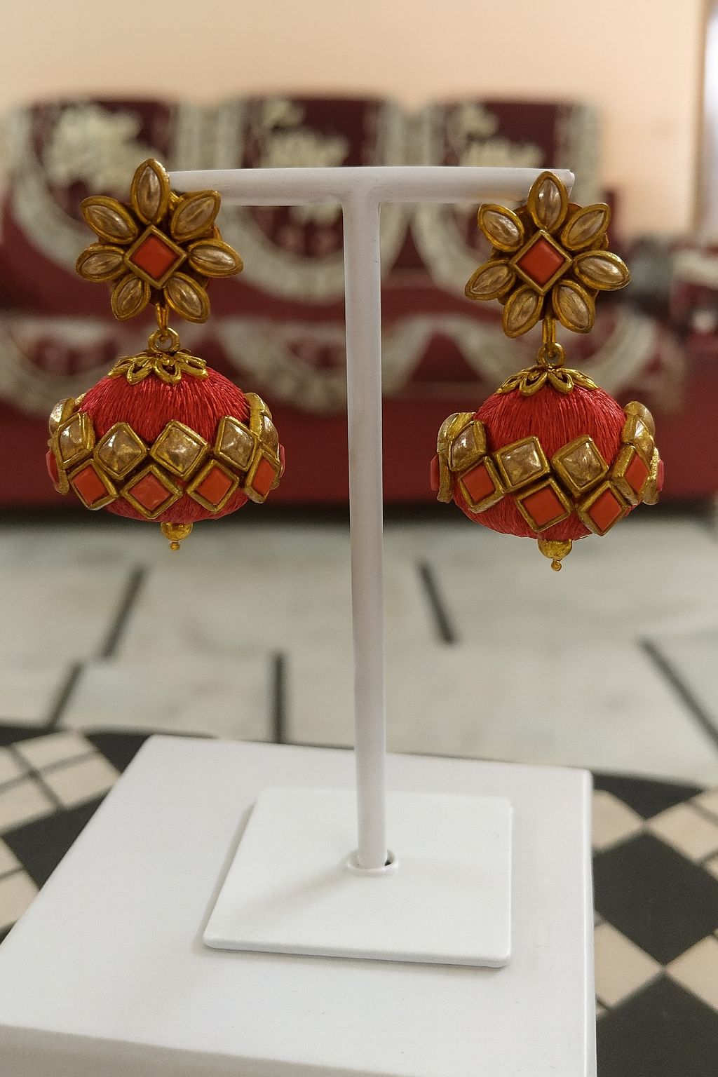 Red Thread Work Jhumka Earrings