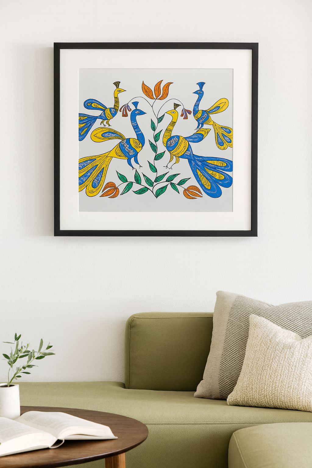 Hand-Painted Peacock Mithila Folk Art Canvas Painting with Black Frame