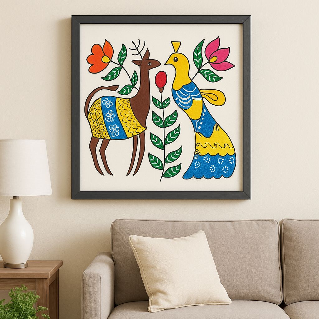 Vibrant Folk Art Framed Painting with Deer, Bull & Bird Motif