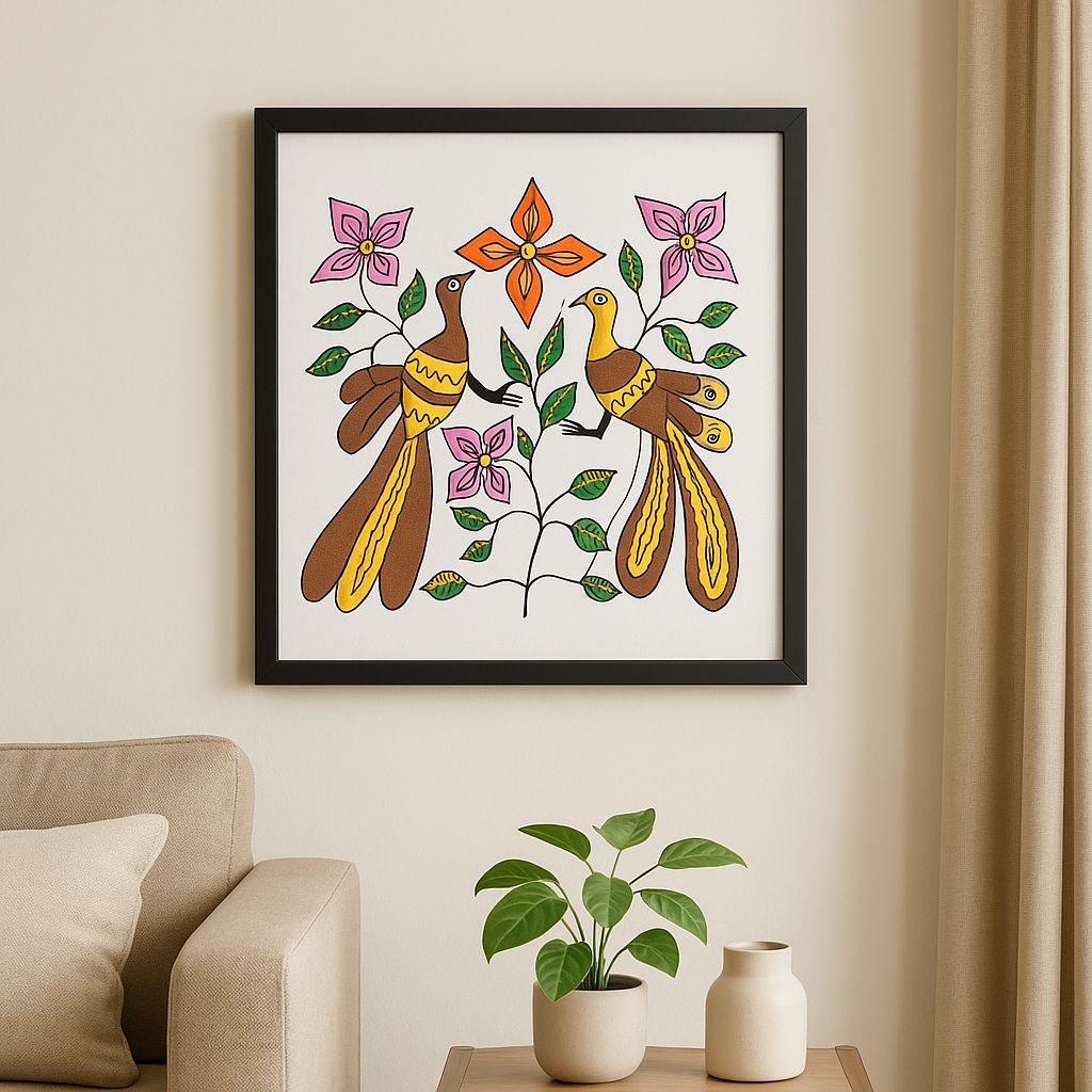 Hand-Painted Madhubani Peacock and Floral Canvas Art with Frame