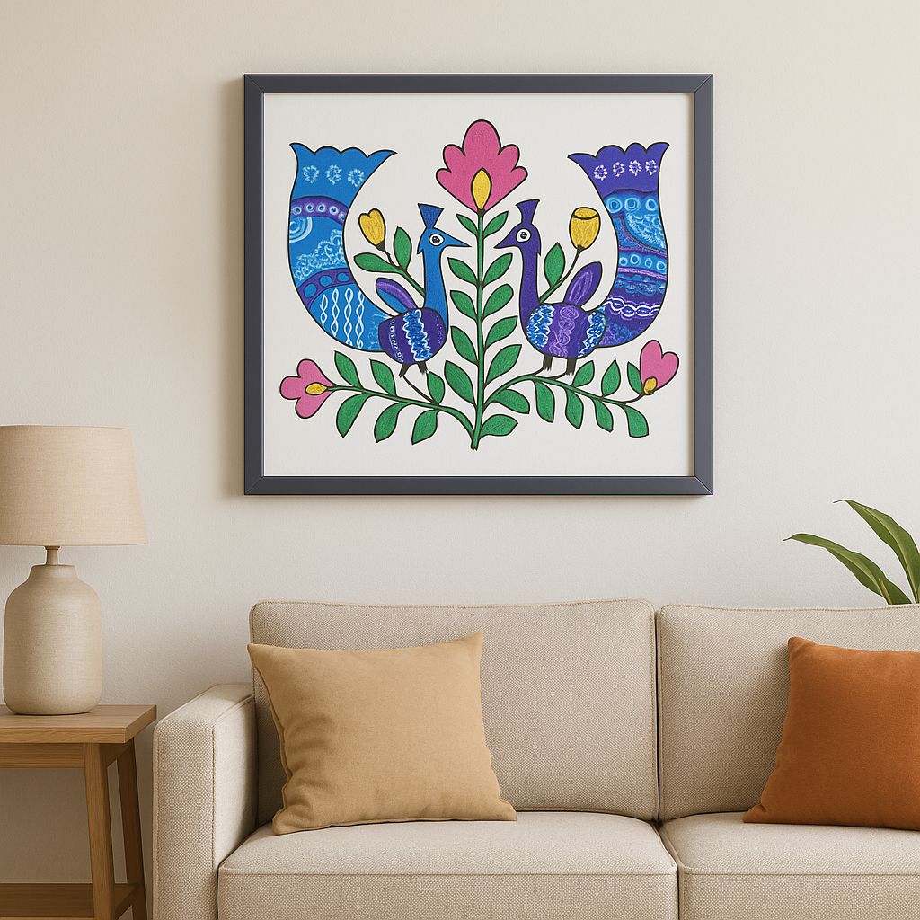 Vibrant Folk Art Peacock Painting Framed Wall Decor