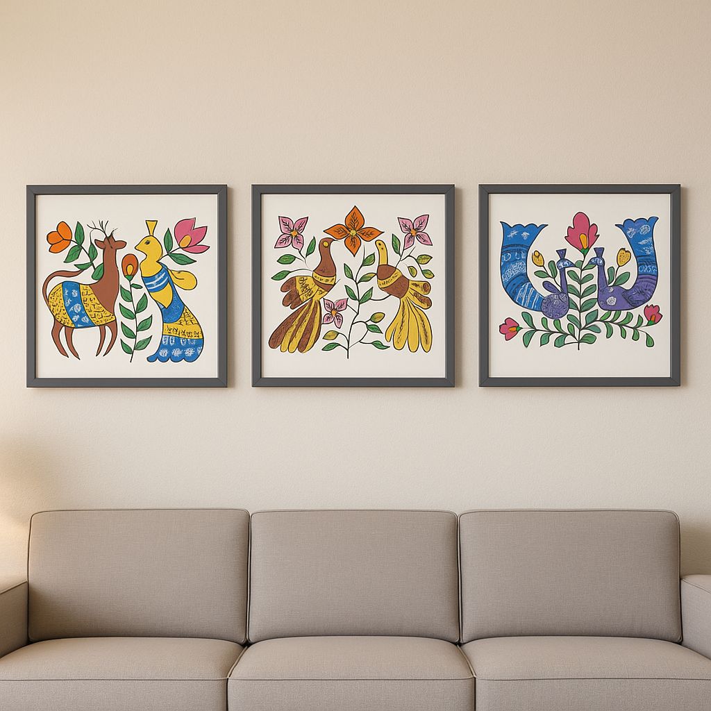 Set of 3 Framed Madhubani Folk Art Prints for Wall Decor