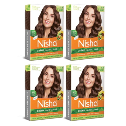 Nisha Creme Hair Color Chocolate Brown 40gm Pack of 4, Permanent Hair Color for Women Men, No Ammonia, 100% Grey Coverage