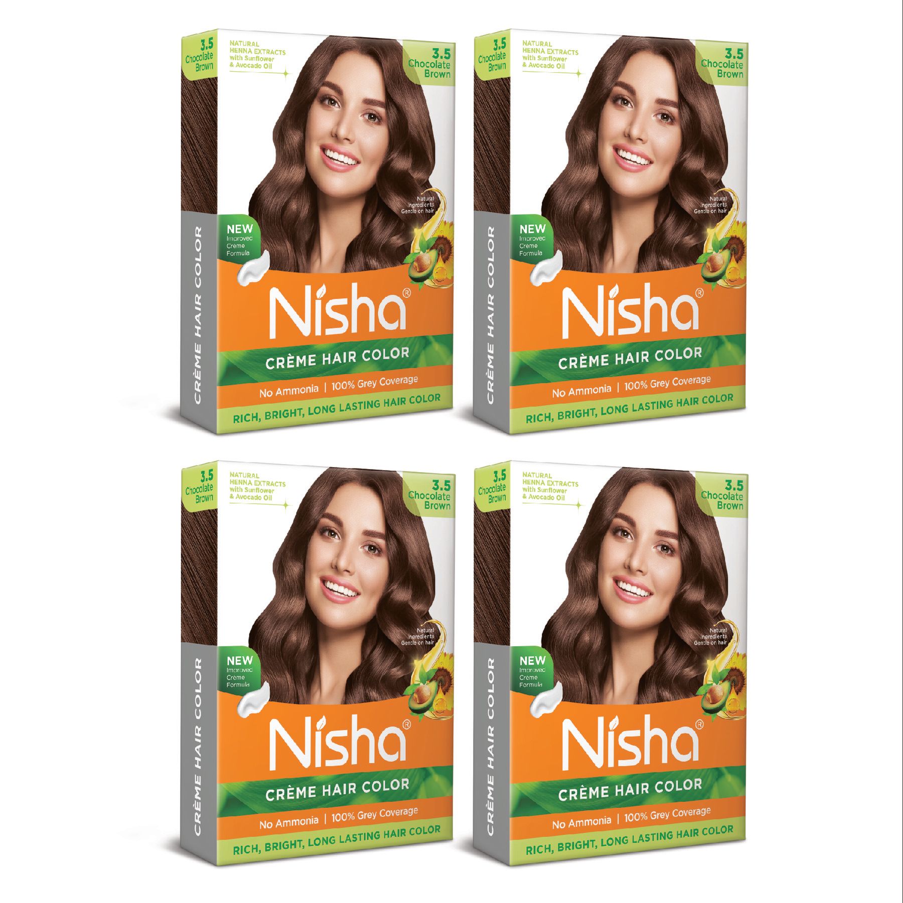 Nisha Creme Hair Color Chocolate Brown 40gm Pack of 4, Permanent Hair Color for Women Men, No Ammonia, 100% Grey Coverage