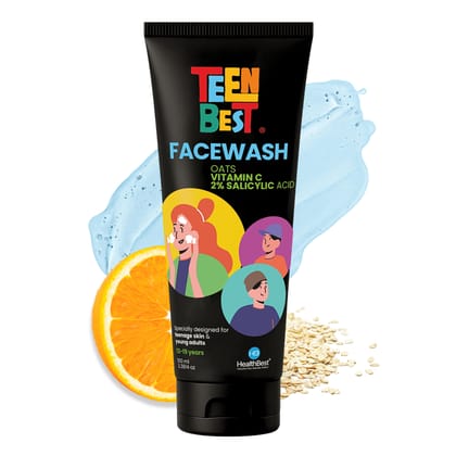 HealthBest 2% Salicylic Acid Face Wash for Teens Fights Acne Pimples & Blackheads Gentle Cooling Cleanser with Niacinamide, Aloe Vera & Oat Extract for Oily & Sensitive Skin, Boys & Girls 100ml
