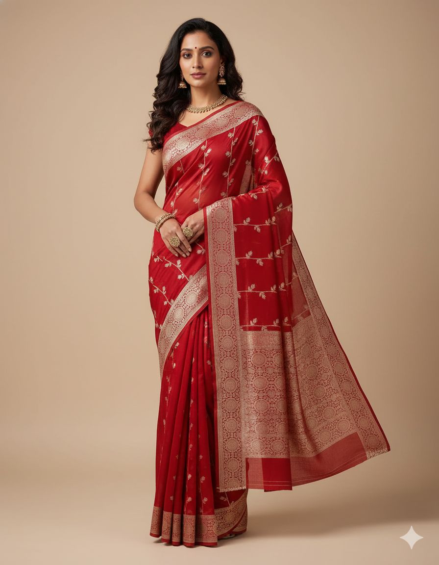 Red Silk Saree with Gold Zari Weaving