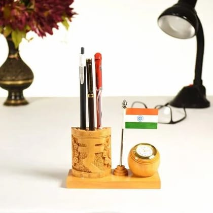 Wooden pen stand with clock and flag Wooden pen stand with clock and flag