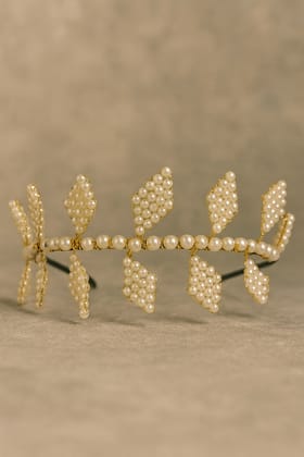 Golden Pearl Embellished Leaf Design Hairband
