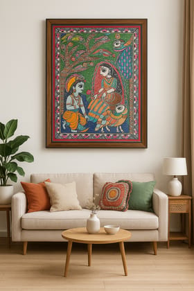 Handmade Madhubani Radha Krishna Painting with Peacock Framed