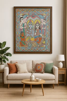Vibrant Madhubani Painting of Lord Vishnu and Lakshmi on Sheshnag