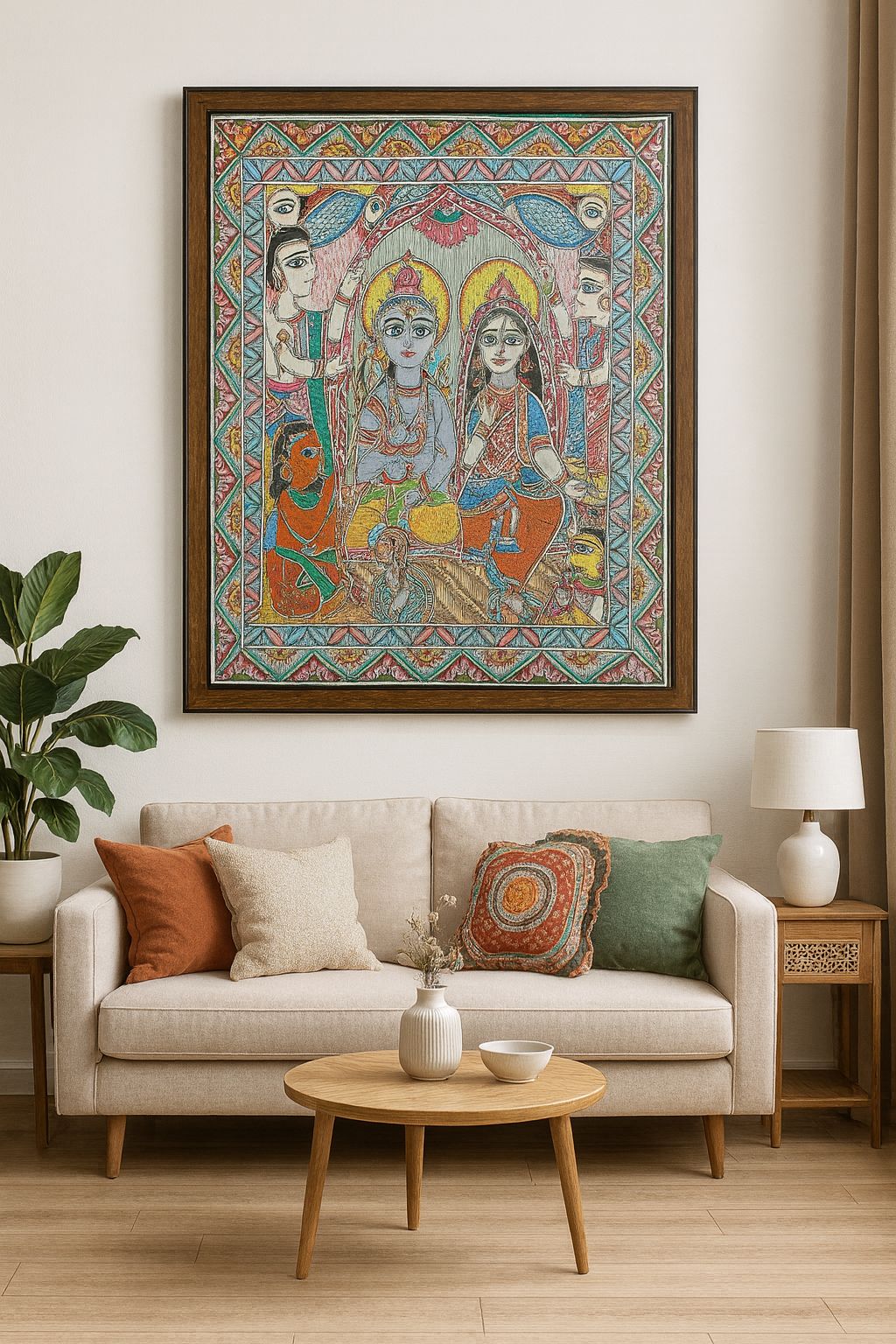 Vibrant Madhubani Painting of Lord Vishnu and Lakshmi on Sheshnag