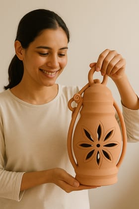 Handcrafted Clay Floral Cutout Lantern for Home Decor
