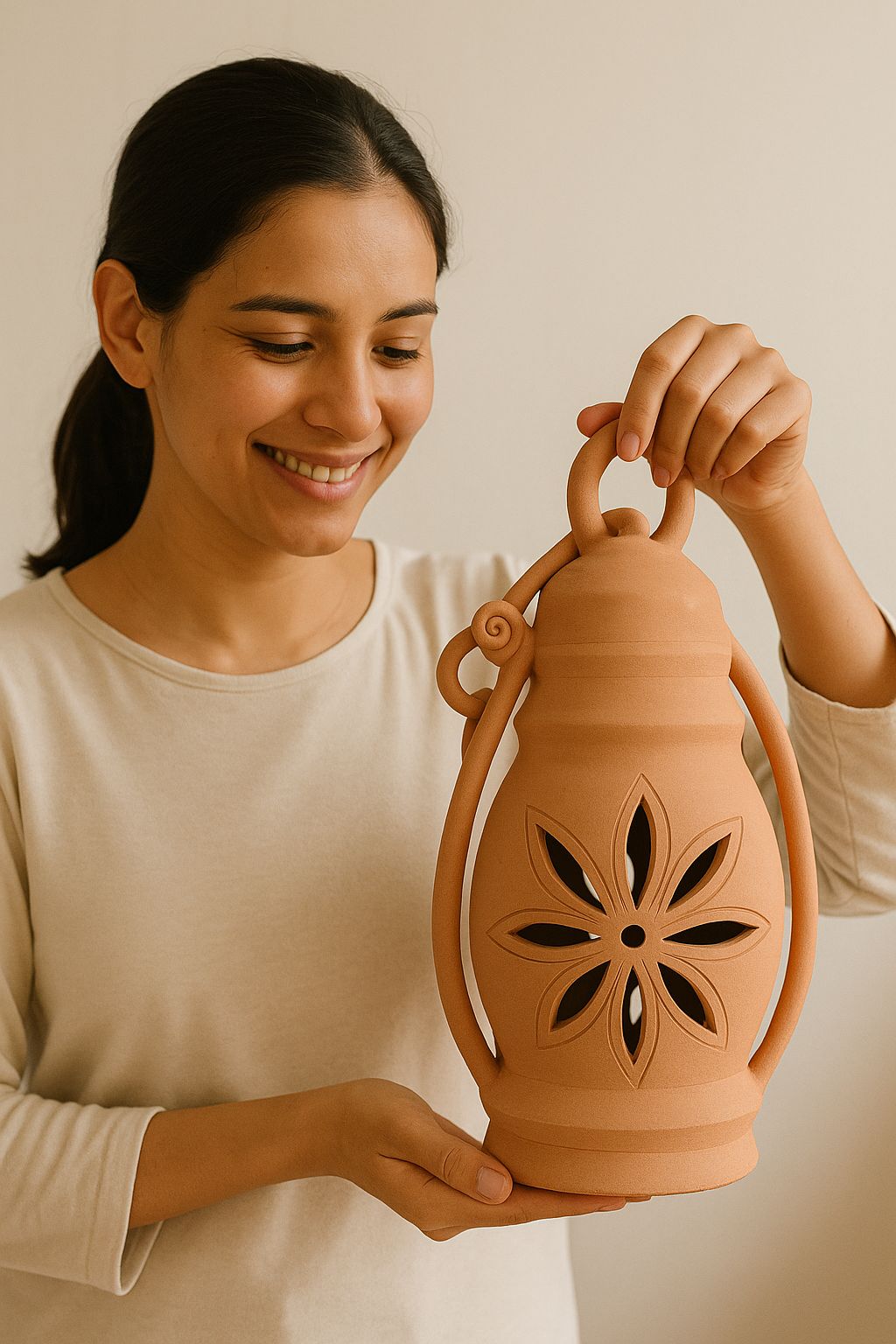 Handcrafted Clay Floral Cutout Lantern for Home Decor