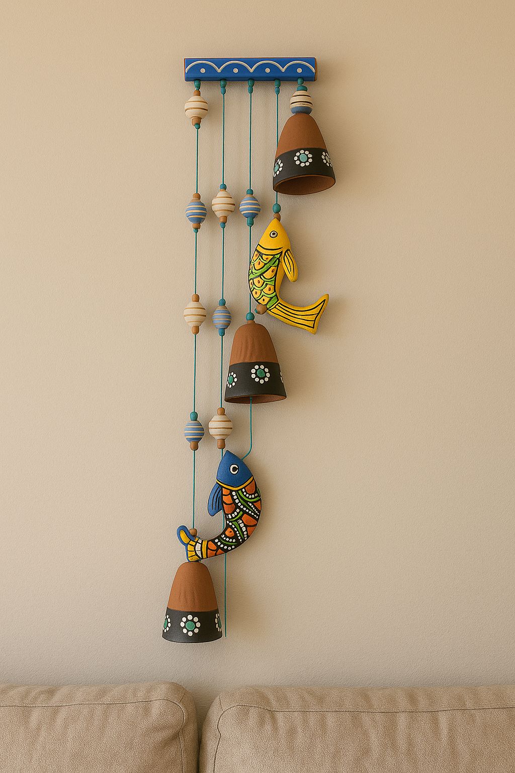 Handicraft Terracotta Fish and Bell Wind Chime