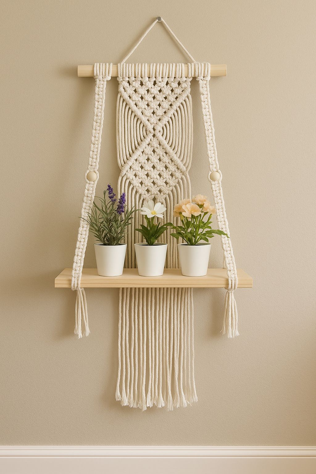 Boho Macrame Wooden Shelf Plant Hanger