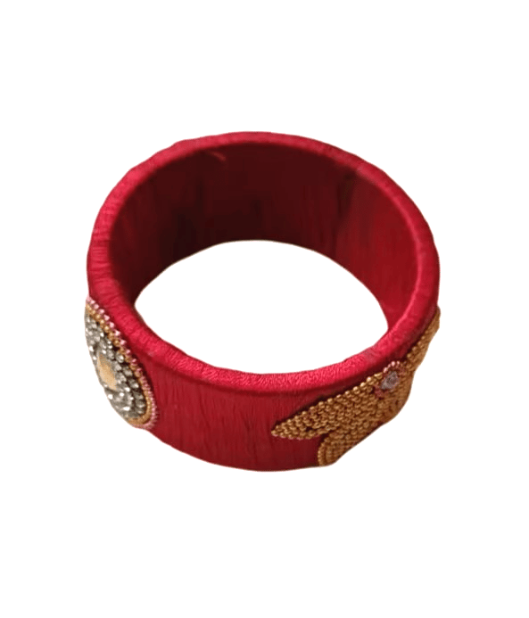 Red Silk Thread Bangle with Lotus Motif and Stone Work