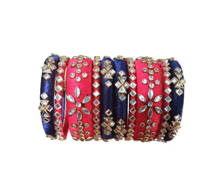 Vibrant Pink & Blue Embellished Traditional Thread Bangle Set
