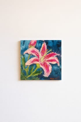 Hand-painted Pink Lily on Blue Abstract Background Impasto Artwork Hand-painted Pink Lily on Blue Abstract Background Impasto Artwork