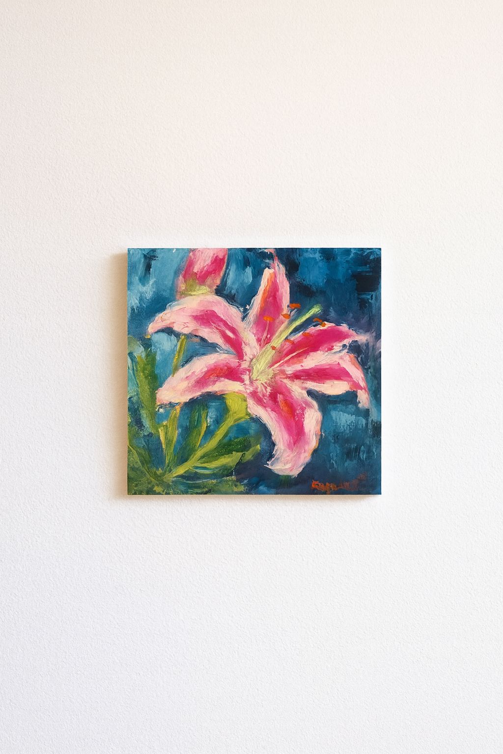 Hand-painted Pink Lily on Blue Abstract Background Impasto Artwork