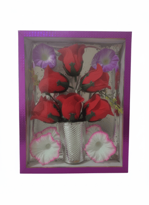 Vibrant Red Artificial Rose Bouquet with Purple & White Flowers in Decorative Gift Box Vibrant Red Artificial Rose Bouquet with Purple & White Flowers in Decorative Gift Box