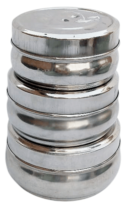 Mii Art brand Stainless Steel 3-Piece Set Floral Design Belly Shape Puri Dabba, Storage Containers for Puri, Snacks, Food, Durable Quality Tiffin Dabba for Daily Use.(size-17 cm)
