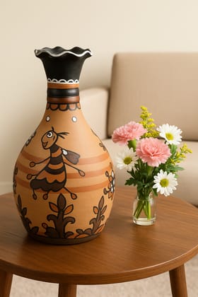Hand-Painted Clay Vase with Folk Art Bird Design