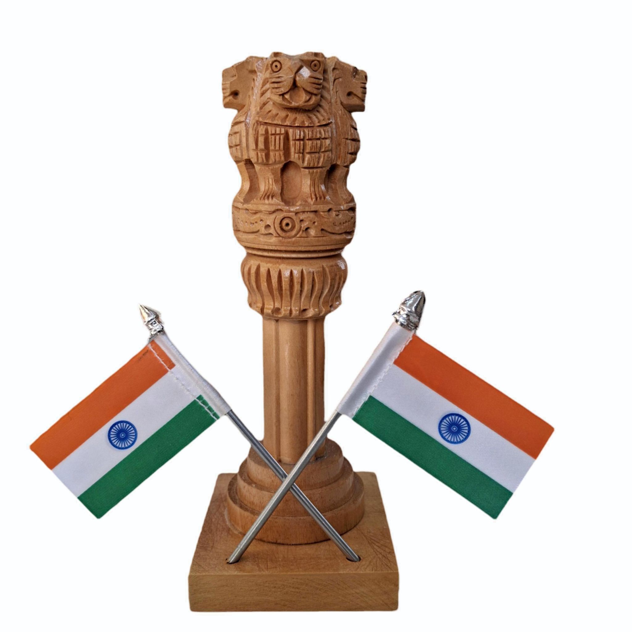 Wooden Ashoka Pillar with 2 flags 6 inches