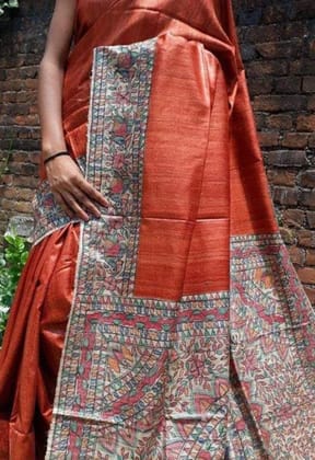 Dark Orange Tussar Silk Saree with Handpainted Madhubani Border