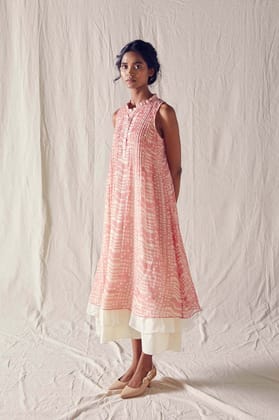 Dusted Pink Batik Sleeveless Dress In Handloom Kota Doria And Off White Checks Cotton Khadi Mulmul