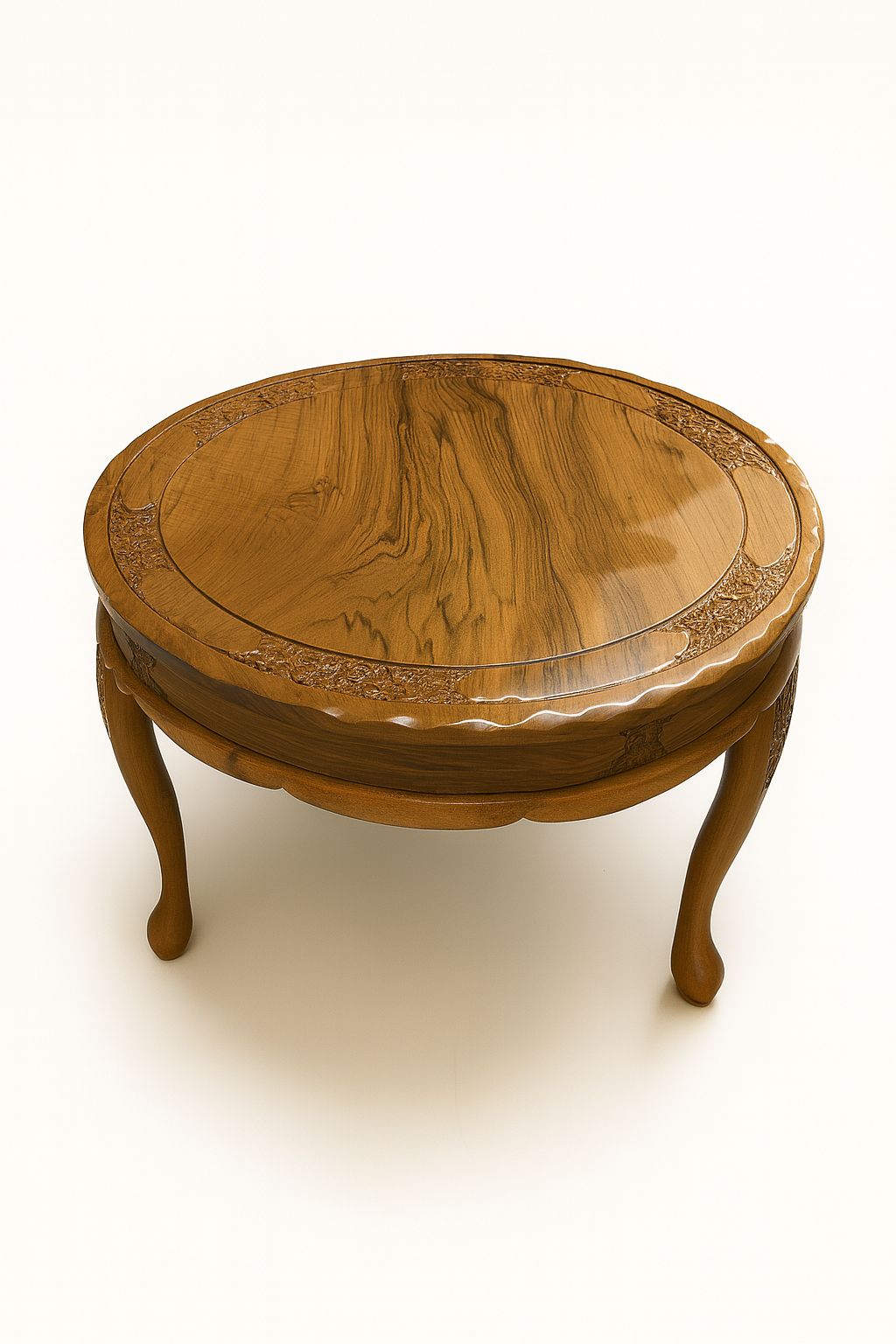 Hand-Carved Oval Wooden Coffee Table with Ornate Details