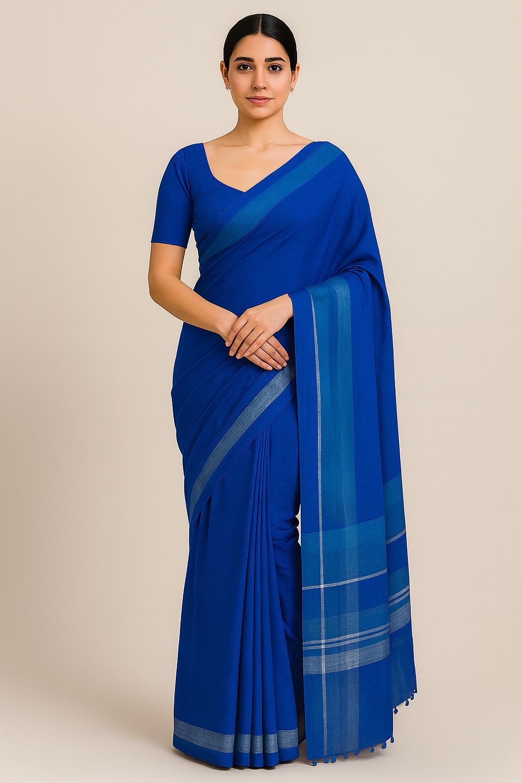 Elegant Royal Blue Striped Cotton Saree with Matching Blouse Piece