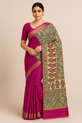 Fuchsia Pink Tussar Silk Saree with Handpainted Kalamkari Pallu