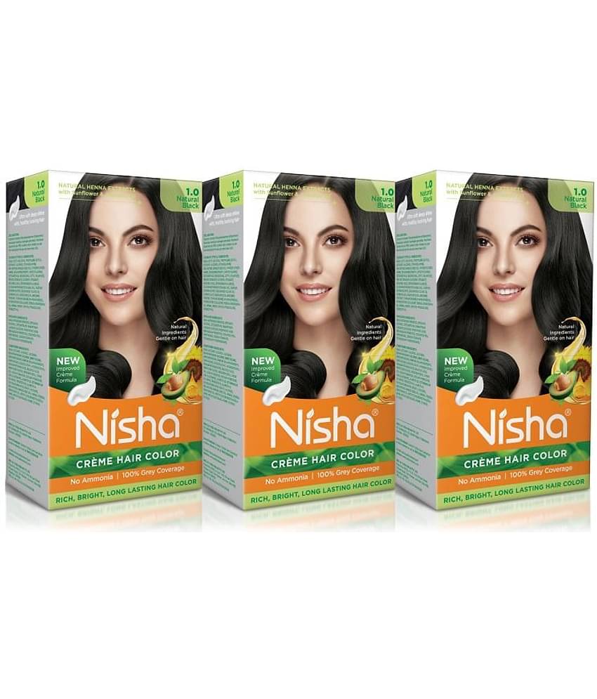 Nisha Creme Hair Color 1.0 Natural Black 120g Pack of 3, Permanent Hair Colour, No Ammonia, 100% Grey Coverage